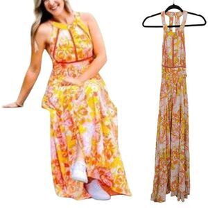 Abel The Label Sz S Pink Orange Floral Tie‎ Cutout Halter Maxi Slip Dress Rayon